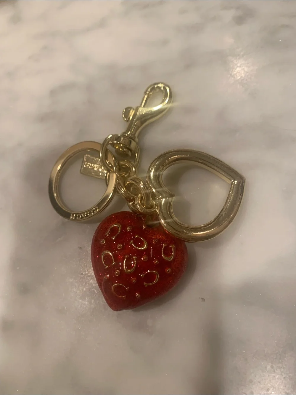 Coach Gold Heart Keychain with Red Glass Heart Charm